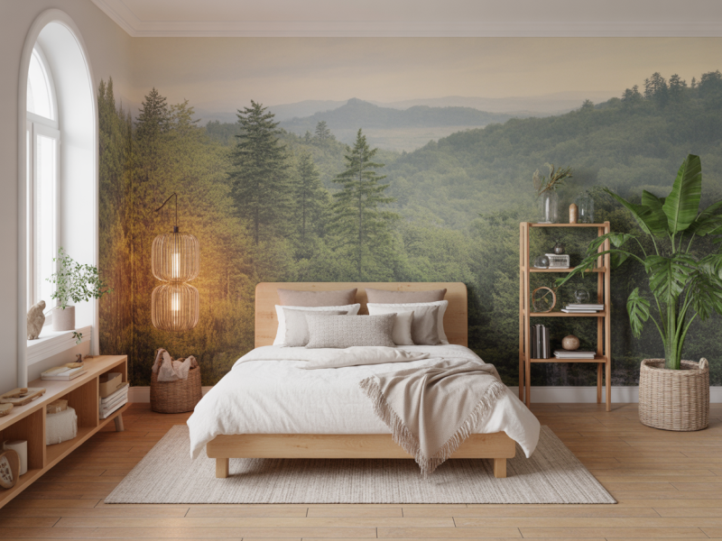 Ambiance naturelle : quand le papier peint rencontre le bois